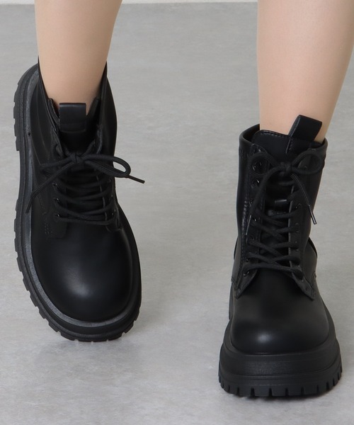 セール】レザー調 ラウンドトゥ レースアップ ショート ブーツ（ブーツ