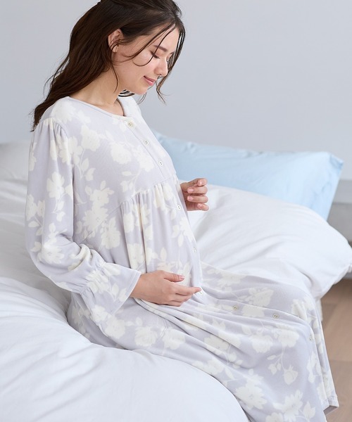 セール】ストレッチベロア無地＆花柄ネグリジェ/ワンピースパジャマ