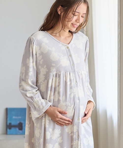 セール】ストレッチベロア無地＆花柄ネグリジェ/ワンピースパジャマ
