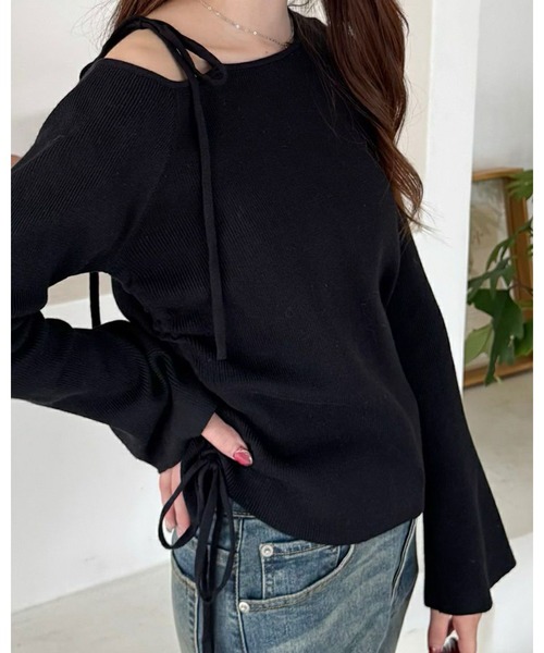 clear（クリア）の「サイドドロスト肩リボンワンショルニットトップス[細見え　肩見せ] ≪2024AW新作≫（ニット/セーター・レディース・ボルドー/ブラック/アイボリー/杢グレー/ピンク/ミント・F）」の3枚目の写真