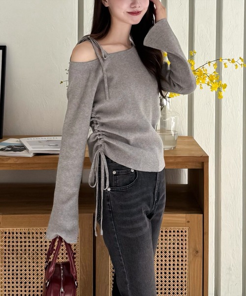 clear（クリア）の「サイドドロスト肩リボンワンショルニットトップス[細見え　肩見せ] ≪2024AW新作≫（ニット/セーター・レディース・ボルドー/ブラック/アイボリー/杢グレー/ピンク/ミント・F）」の18枚目の写真