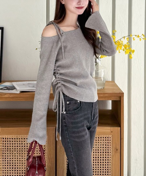 clear（クリア）の「サイドドロスト肩リボンワンショルニットトップス[細見え　肩見せ] ≪2024AW新作≫（ニット/セーター・レディース・ボルドー/ブラック/アイボリー/杢グレー/ピンク/ミント・F）」の20枚目の写真