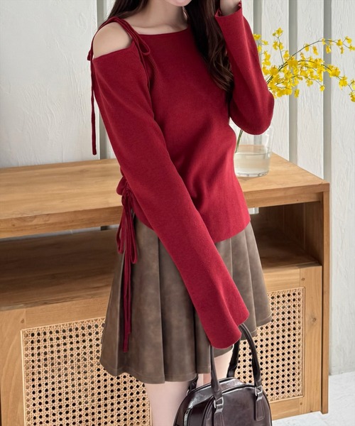 clear（クリア）の「サイドドロスト肩リボンワンショルニットトップス[細見え　肩見せ] ≪2024AW新作≫（ニット/セーター・レディース・ボルドー/ブラック/アイボリー/杢グレー/ピンク/ミント・F）」の21枚目の写真