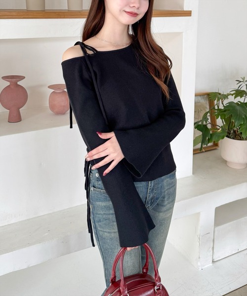 clear（クリア）の「サイドドロスト肩リボンワンショルニットトップス[細見え　肩見せ] ≪2024AW新作≫（ニット/セーター・レディース・ボルドー/ブラック/アイボリー/杢グレー/ピンク/ミント・F）」の16枚目の写真