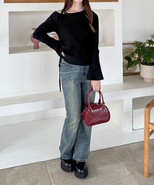 clear（クリア）の「サイドドロスト肩リボンワンショルニットトップス[細見え　肩見せ] ≪2024AW新作≫（ニット/セーター・レディース・ボルドー/ブラック/アイボリー/杢グレー/ピンク/ミント・F）」の17枚目の写真