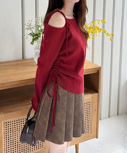 clear（クリア）の「サイドドロスト肩リボンワンショルニットトップス[細見え　肩見せ] ≪2024AW新作≫（ニット/セーター・レディース・ボルドー/ブラック/アイボリー/杢グレー/ピンク/ミント・F）」の10枚目の写真