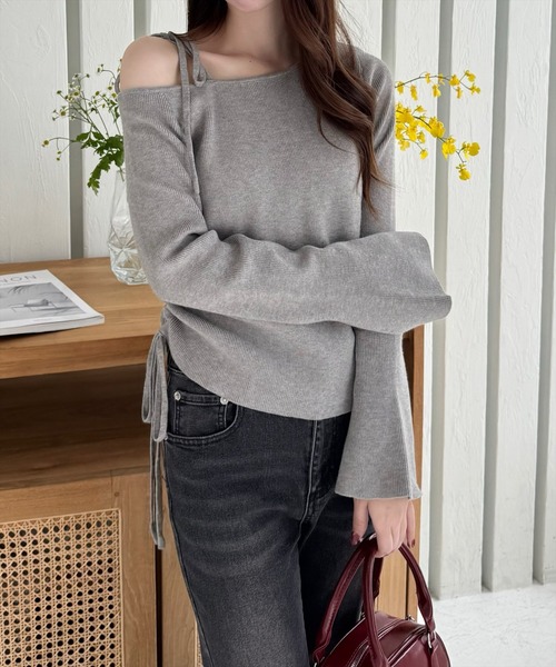 clear（クリア）の「サイドドロスト肩リボンワンショルニットトップス[細見え　肩見せ] ≪2024AW新作≫（ニット/セーター・レディース・ボルドー/ブラック/アイボリー/杢グレー/ピンク/ミント・F）」の9枚目の写真