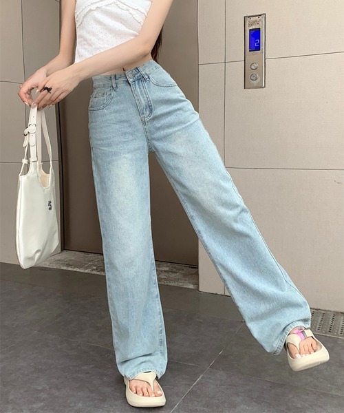 Lilamusant(リラミュゾン)の「【Un】【it】【Lilamusant(リラミュゾン)】 バックリボン刺繍ポケットワイドストレートデニムパンツ バレエコア Y2K 韓国ストリート(デニムパンツ・レディース・ブルー・S/L/M)」の2枚目の写真