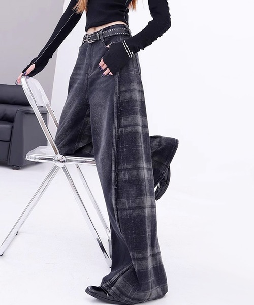 Sibra（シブラ）の「バイカラーチェックワイドデニム（デニムパンツ・レディース・ブラック・M/S）」の6枚目の写真