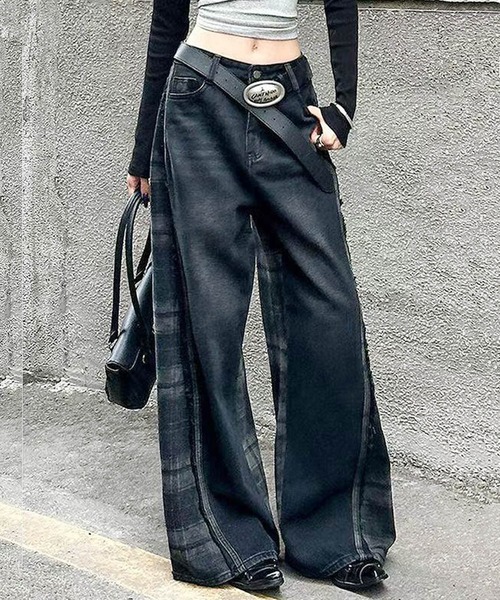 Sibra（シブラ）の「バイカラーチェックワイドデニム（デニムパンツ・レディース・ブラック・M/S）」の7枚目の写真