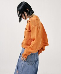 noeud　ノウドゥ　（F）　シルク混半袖カーディガンボレロショート丈　オレンジ LACOSTE カーディガン 編地切り替えウールニット クロップド丈