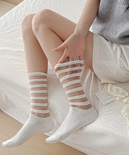 ROOPTOKYO(ループトウキョウ)の「レースモチーフ ソックス ボーダー(ソックス/靴下・レディース・ホワイト/ブラック/グレー・FREE)」の1枚目の写真