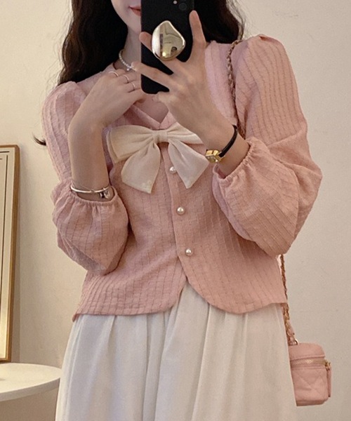 BEIGE, - BEIGE, Vネックパールボタン ブラウス　¥23,100 ホワイト系　日本製 セール】リボン付き Vネック パール ボタン ブラウス（シャツ