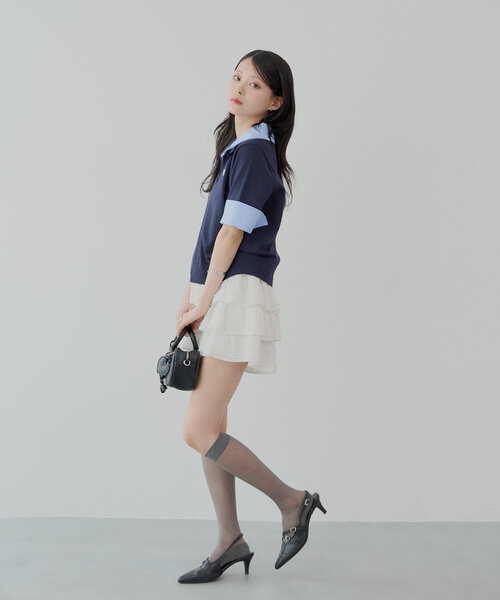 Chico 5分袖刺繍入り襟付きポロニット/ニットウエストリボンプリーツスカート Chico ニット セーター 「ZOZO限定」刺繍入り襟付きポロニット