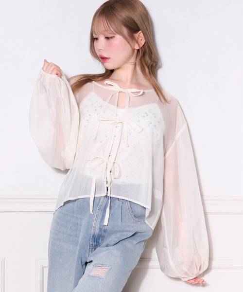apres jour(アプレジュール)の「シアーリボンブラウス(シャツ/ブラウス・レディース・ミント/ベビーピンク/ライトブルー/アイボリー/ブラック・フリー/X-LARGE)」の10枚目の写真