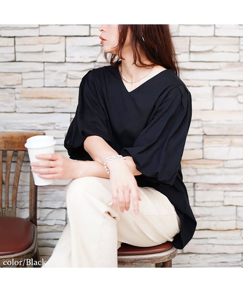 GOLDJAPAN(ゴールドジャパン)の「Vネックパフスリーブコットンカットソー【大きいサイズ対応】(Tシャツ/カットソー・レディース・ベージュ系/ミント/チャコールグレー/オフホワイト/ブラック・4L~5L/LL~3L)」の19枚目の写真