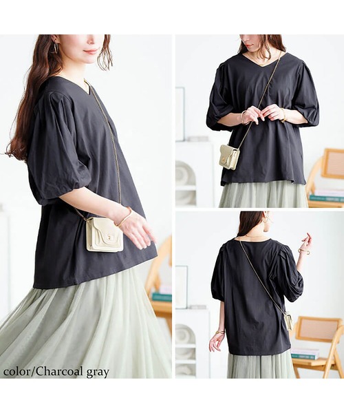 GOLDJAPAN(ゴールドジャパン)の「Vネックパフスリーブコットンカットソー【大きいサイズ対応】(Tシャツ/カットソー・レディース・ベージュ系/ミント/チャコールグレー/オフホワイト/ブラック・4L~5L/LL~3L)」の12枚目の写真