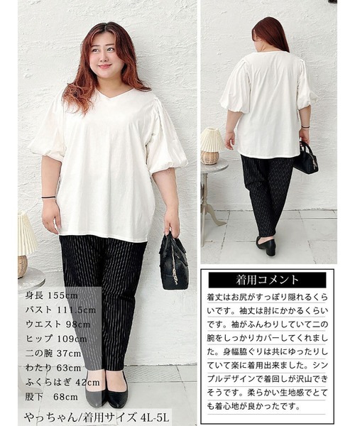 GOLDJAPAN(ゴールドジャパン)の「Vネックパフスリーブコットンカットソー【大きいサイズ対応】(Tシャツ/カットソー・レディース・ベージュ系/ミント/チャコールグレー/オフホワイト/ブラック・4L~5L/LL~3L)」の10枚目の写真