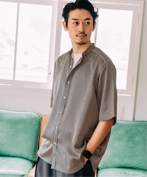 追加》パターンクレープ ショートスリーブ バンドカラーシャツ