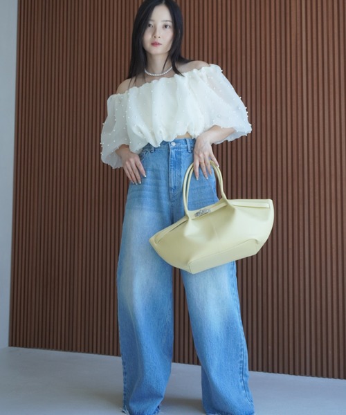 美品✨ エイミーイストワール　ブラウス　F オフショル　パール　パフスリーブ セール】パールスタッズオフショルブラウス（シャツ/ブラウス