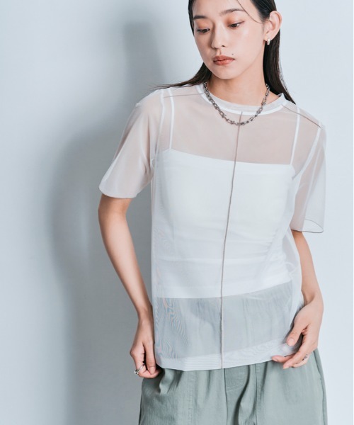 W:Huku（フーク）の「配色 パイピング シアー トップス（Tシャツ/カットソー・レディース・オフホワイト/ブルー系/ブラック・L/M）」の2枚目の写真