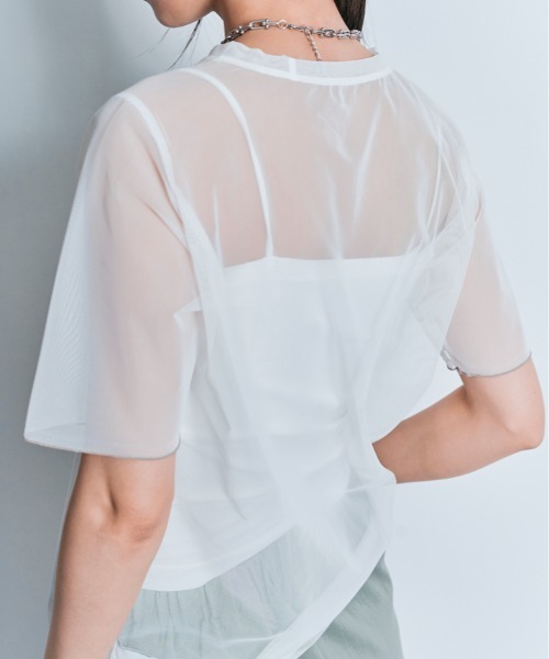 W:Huku（フーク）の「配色 パイピング シアー トップス（Tシャツ/カットソー・レディース・オフホワイト/ブルー系/ブラック・L/M）」の5枚目の写真