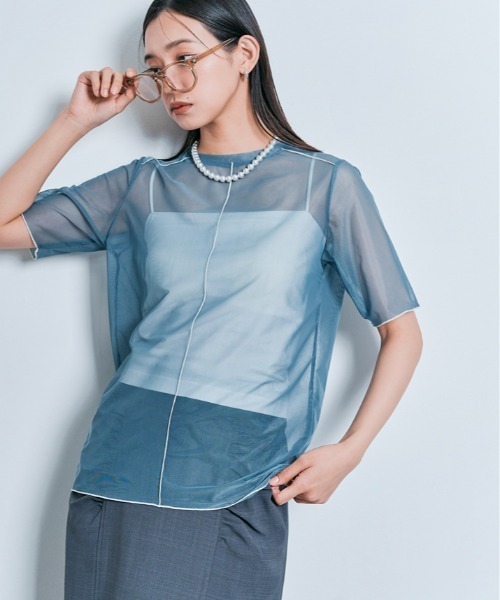 W:Huku（フーク）の「配色 パイピング シアー トップス（Tシャツ/カットソー・レディース・オフホワイト/ブルー系/ブラック・L/M）」の7枚目の写真