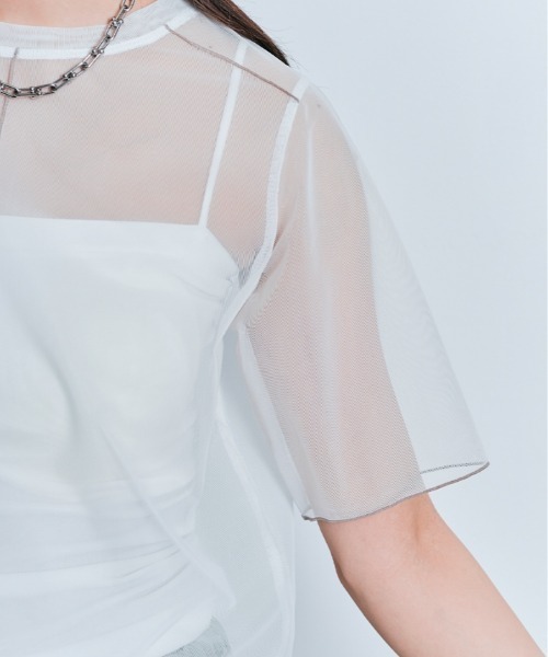 W:Huku（フーク）の「配色 パイピング シアー トップス（Tシャツ/カットソー・レディース・オフホワイト/ブルー系/ブラック・L/M）」の9枚目の写真