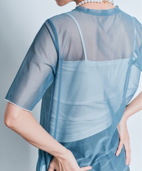 W:Huku（フーク）の「配色 パイピング シアー トップス（Tシャツ/カットソー・レディース・オフホワイト/ブルー系/ブラック・L/M）」の10枚目の写真