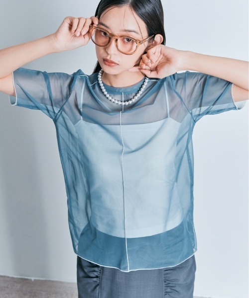 W:Huku（フーク）の「配色 パイピング シアー トップス（Tシャツ/カットソー・レディース・オフホワイト/ブルー系/ブラック・L/M）」の12枚目の写真