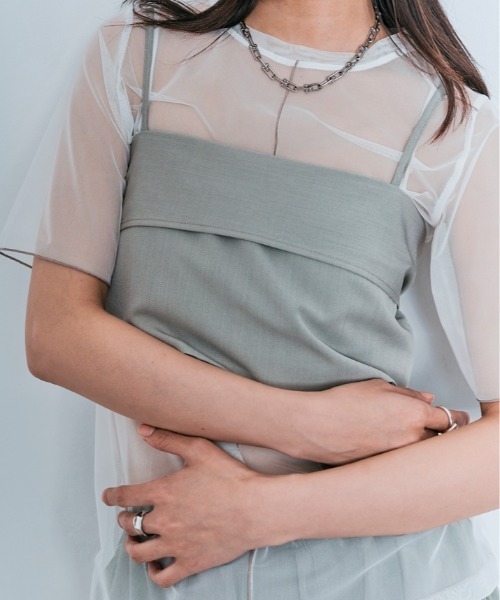 W:Huku（フーク）の「配色 パイピング シアー トップス（Tシャツ/カットソー・レディース・オフホワイト/ブルー系/ブラック・L/M）」の15枚目の写真