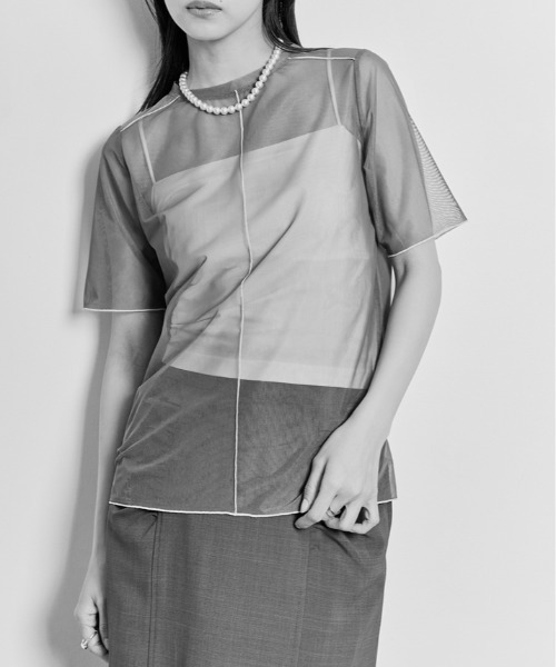 W:Huku（フーク）の「配色 パイピング シアー トップス（Tシャツ/カットソー・レディース・オフホワイト/ブルー系/ブラック・L/M）」の16枚目の写真