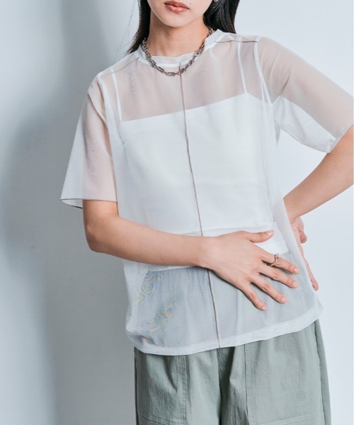 W:Huku（フーク）の「配色 パイピング シアー トップス（Tシャツ/カットソー・レディース・オフホワイト/ブルー系/ブラック・L/M）」の18枚目の写真