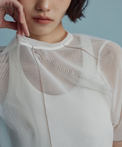 W:Huku(フーク)の「配色 パイピング シアー トップス / 半袖 ハーフスリーブ(Tシャツ/カットソー・レディース・オフホワイト/ブルー系/ブラック・L/M)」の7枚目の写真