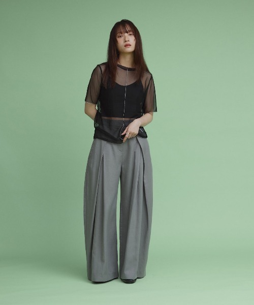 W:Huku(フーク)の「配色 パイピング シアー トップス / 半袖 ハーフスリーブ(Tシャツ/カットソー・レディース・オフホワイト/ブルー系/ブラック・L/M)」の8枚目の写真