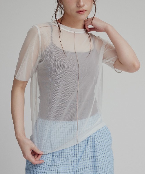 W:Huku(フーク)の「配色 パイピング シアー トップス / 半袖 ハーフスリーブ(Tシャツ/カットソー・レディース・オフホワイト/ブルー系/ブラック・L/M)」の13枚目の写真