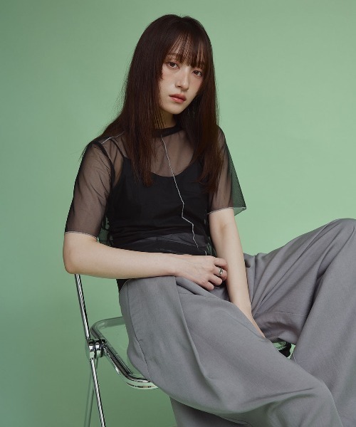 W:Huku(フーク)の「配色 パイピング シアー トップス / 半袖 ハーフスリーブ(Tシャツ/カットソー・レディース・オフホワイト/ブルー系/ブラック・L/M)」の19枚目の写真