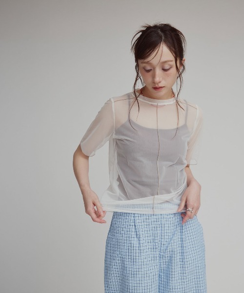 W:Huku(フーク)の「配色 パイピング シアー トップス / 半袖 ハーフスリーブ(Tシャツ/カットソー・レディース・オフホワイト/ブルー系/ブラック・L/M)」の21枚目の写真