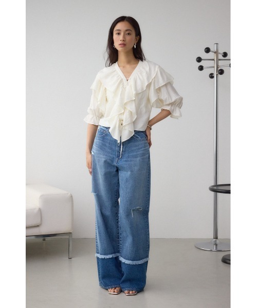 AZUL by moussy(アズールバイマウジー)の「ラッフルフリル5分袖ブラウス(シャツ/ブラウス・レディース・ブラック/ピンク/アイボリー・FREE)」の6枚目の写真