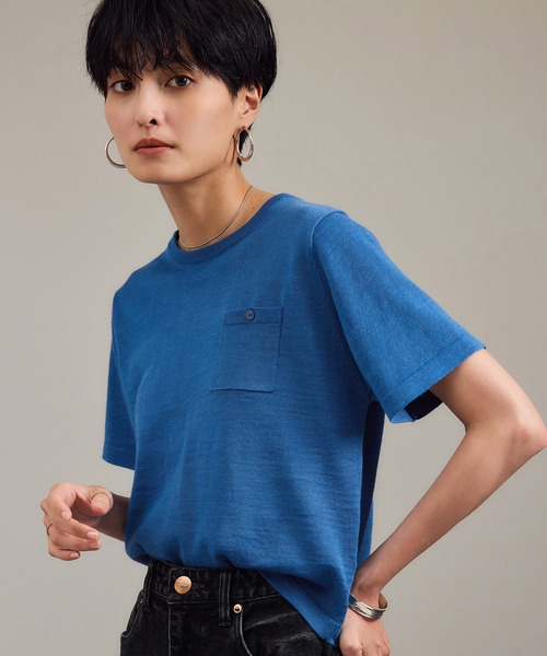 SALON adam et rope'（サロン アダム エ ロペ）の「クロップドハーフスリーブリネンニット［ドライタッチ・洗える］（Tシャツ/カットソー・レディース・カーキ/ブラック/オフホワイト/ブルー/ピンク・FREE）」の4枚目の写真