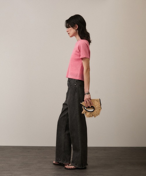 SALON adam et rope'（サロン アダム エ ロペ）の「クロップドハーフスリーブリネンニット［ドライタッチ・洗える］（Tシャツ/カットソー・レディース・カーキ/ブラック/オフホワイト/ブルー/ピンク・FREE）」の18枚目の写真