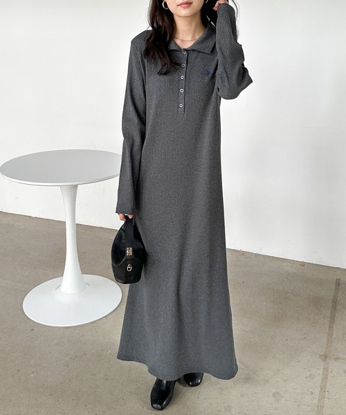 すっちゃん様✨ 45R✳️付け衿付き／ウール／ロングワンピース【0】グレー セール】RANAN/solleim別注【U.S.POLO ASSN.】 ポロ衿長袖リブ