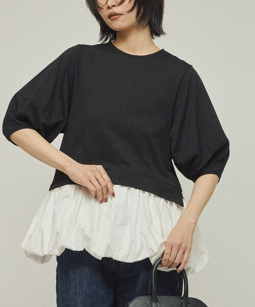 Firsthand（ファーストハンド）の「Firsthand/ファーストハンド オーガニックコットン ペプラム切り替えトップス / 5分袖Tシャツ（Tシャツ/カットソー・レディース・ブラック/その他9/ホワイト・ﾌﾘ-）」の3枚目の写真