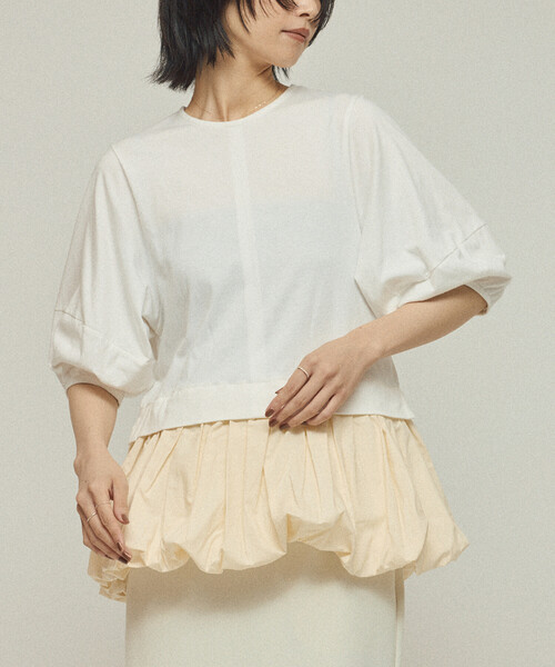 Firsthand（ファーストハンド）の「Firsthand/ファーストハンド オーガニックコットン ペプラム切り替えトップス / 5分袖Tシャツ（Tシャツ/カットソー・レディース・ブラック/その他9/ホワイト・ﾌﾘ-）」の2枚目の写真