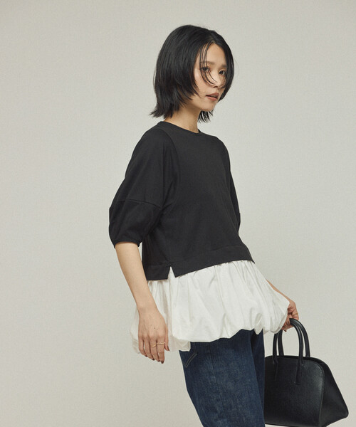 Firsthand(ファーストハンド)の「Firsthand/ファーストハンド オーガニックコットン ペプラム切り替えトップス / 5分袖Tシャツ(Tシャツ/カットソー・レディース・ブラック/その他9/ホワイト・フリ-)」の7枚目の写真