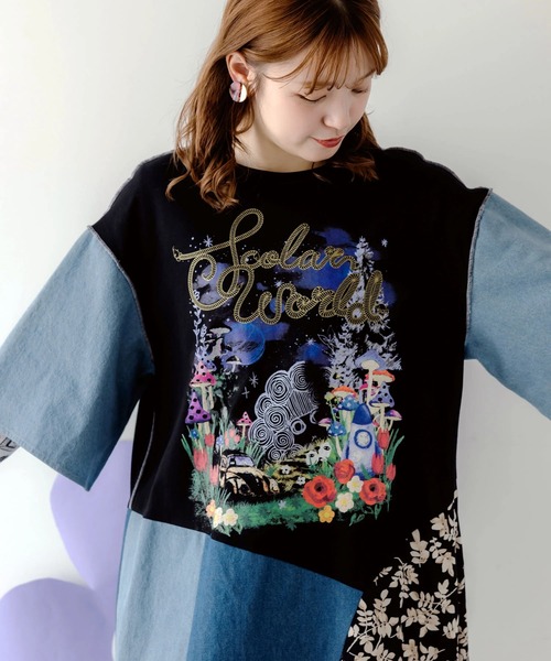 ScoLar（スカラー）の「ScoLar/スカラー　リメイク風 デニム切替OP（ワンピース・レディース・ブラック・FREE）」の4枚目の写真