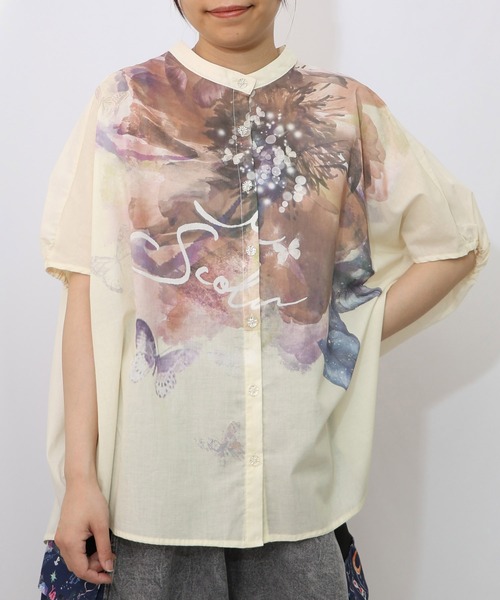シャツ is ScoLar イズ スカラー 552244 大輪の水彩花柄シャツ トップス シック フェミニン ガーリー 原宿系 個性的 ポイント iS ScoLar シャツ is イズ スカラー 552244 大輪の水彩花柄