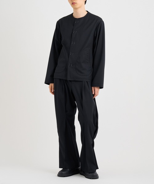 ジャケット・アウター No Collar Jacket Wrinkled Gabardine KHOKI / コッキ】No-collar wool gabardine jacket（ノーカラー