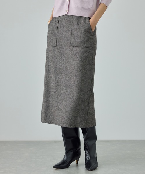 美人スカート]ウールレーヨンポケット付きタイトスカート(ヘリンボーン
