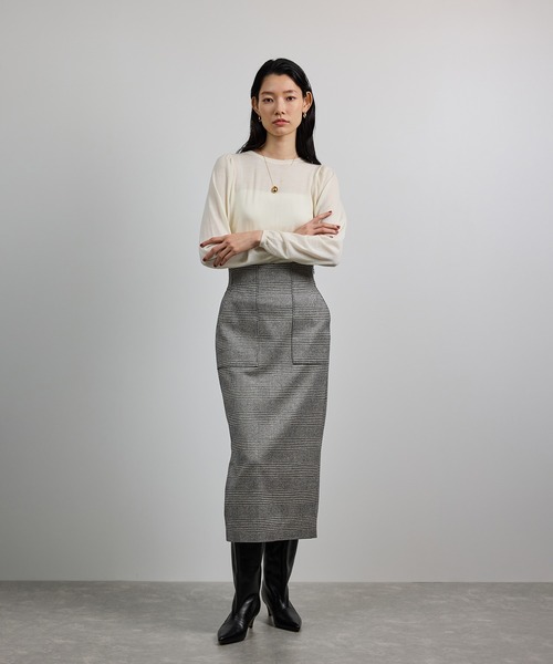 美人スカート]ウールレーヨンポケット付きタイトスカート(ヘリンボーン